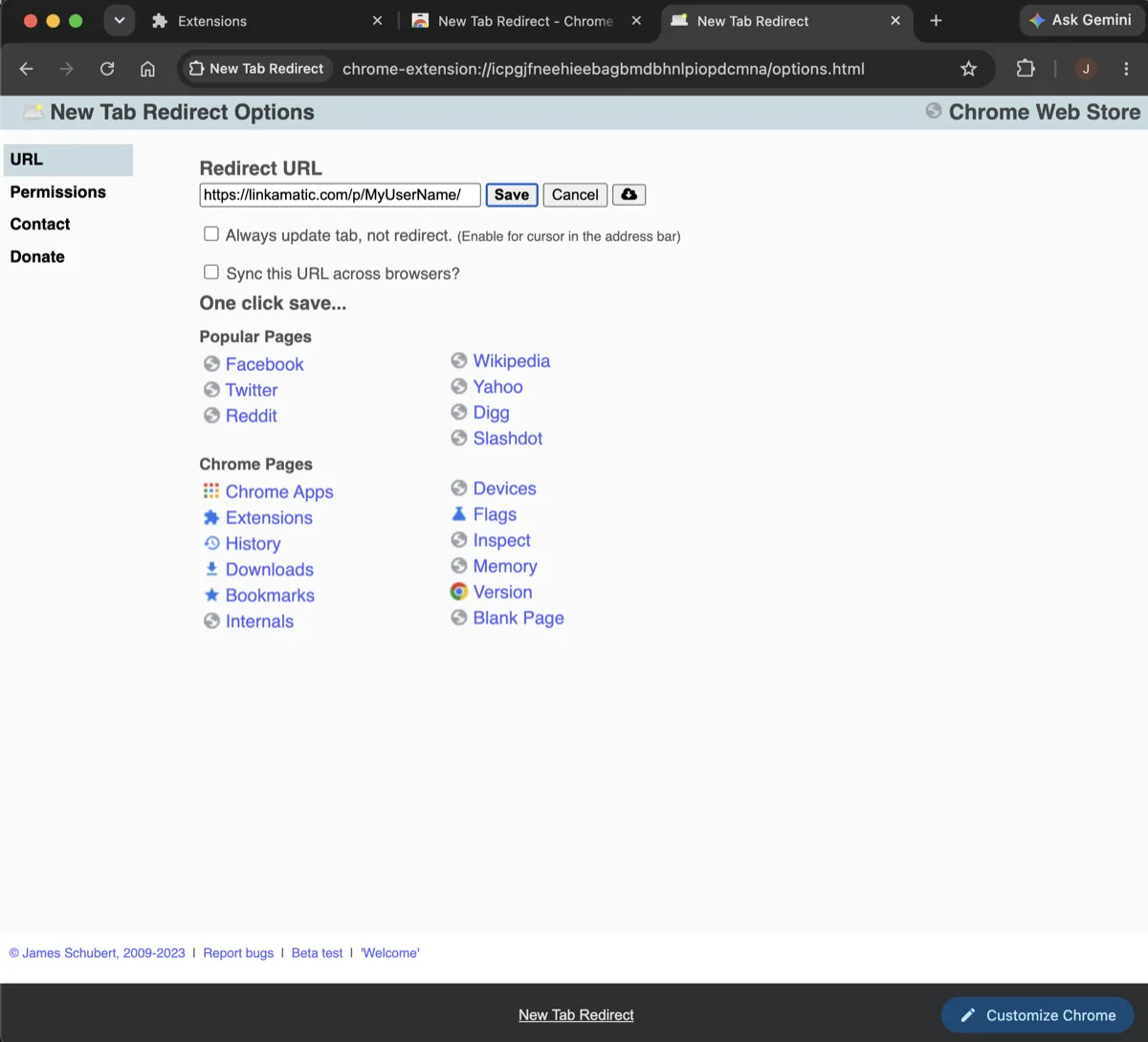 The New Tab Redirect options page with a Linkamatic page URL typed into the Redirect URL field