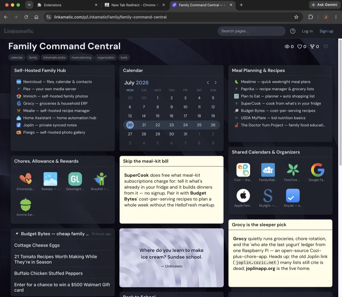 A Linkamatic page called Family Command Central with link groups, a calendar, RSS feeds, and notes, open at a linkamatic.com URL