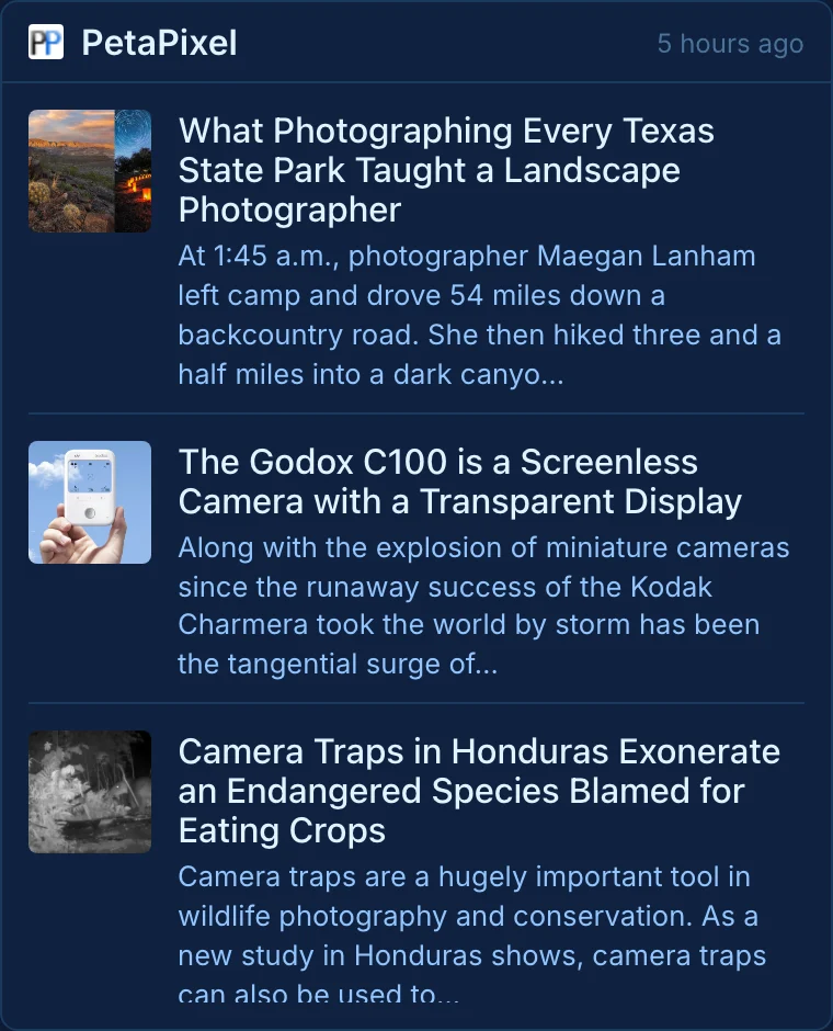 An RSS widget showing PetaPixel headlines with photo thumbnails and the site favicon
