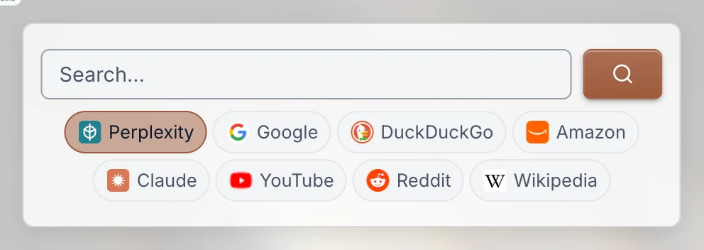 Linkamatic search widget showing a query input and a row of engine pills: Perplexity, Google, DuckDuckGo, Amazon, Claude, YouTube, Reddit, Wikipedia