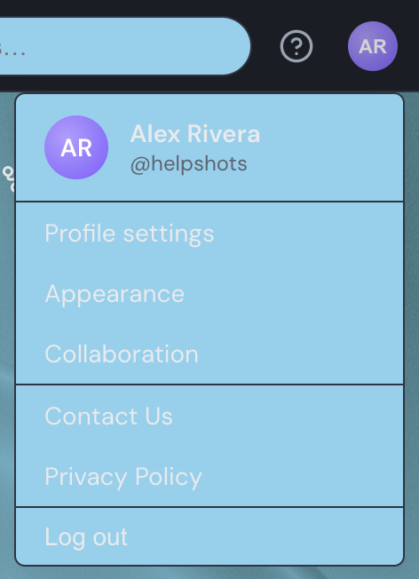 The account menu open below the avatar, showing the display name, username, and links to profile and other settings.
