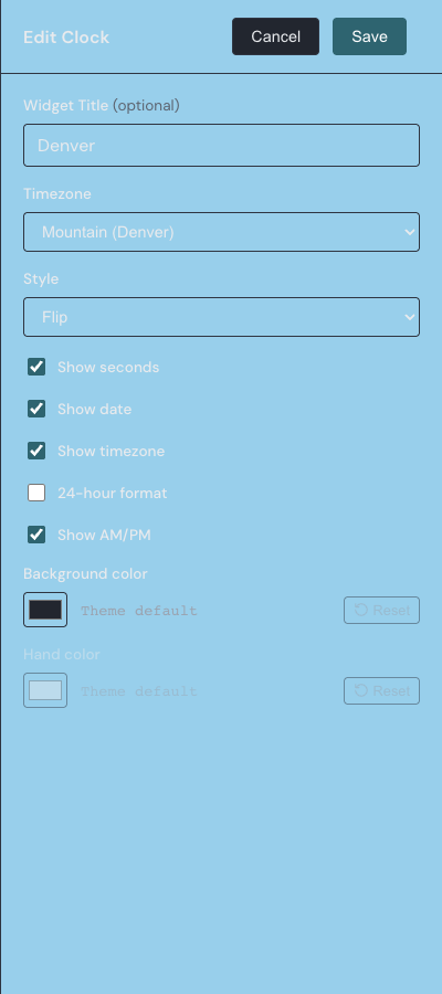 A widget’s settings drawer open on the right, showing the Widget Title field and other options.
