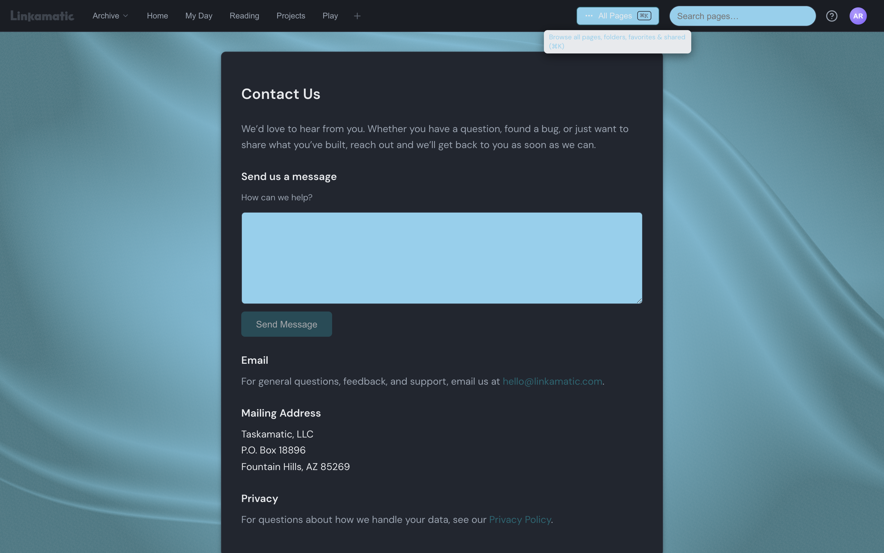 The Send us a message form on the Contact page, showing the How can we help? message box, an email field, a human-verification check, and the Send Message button.