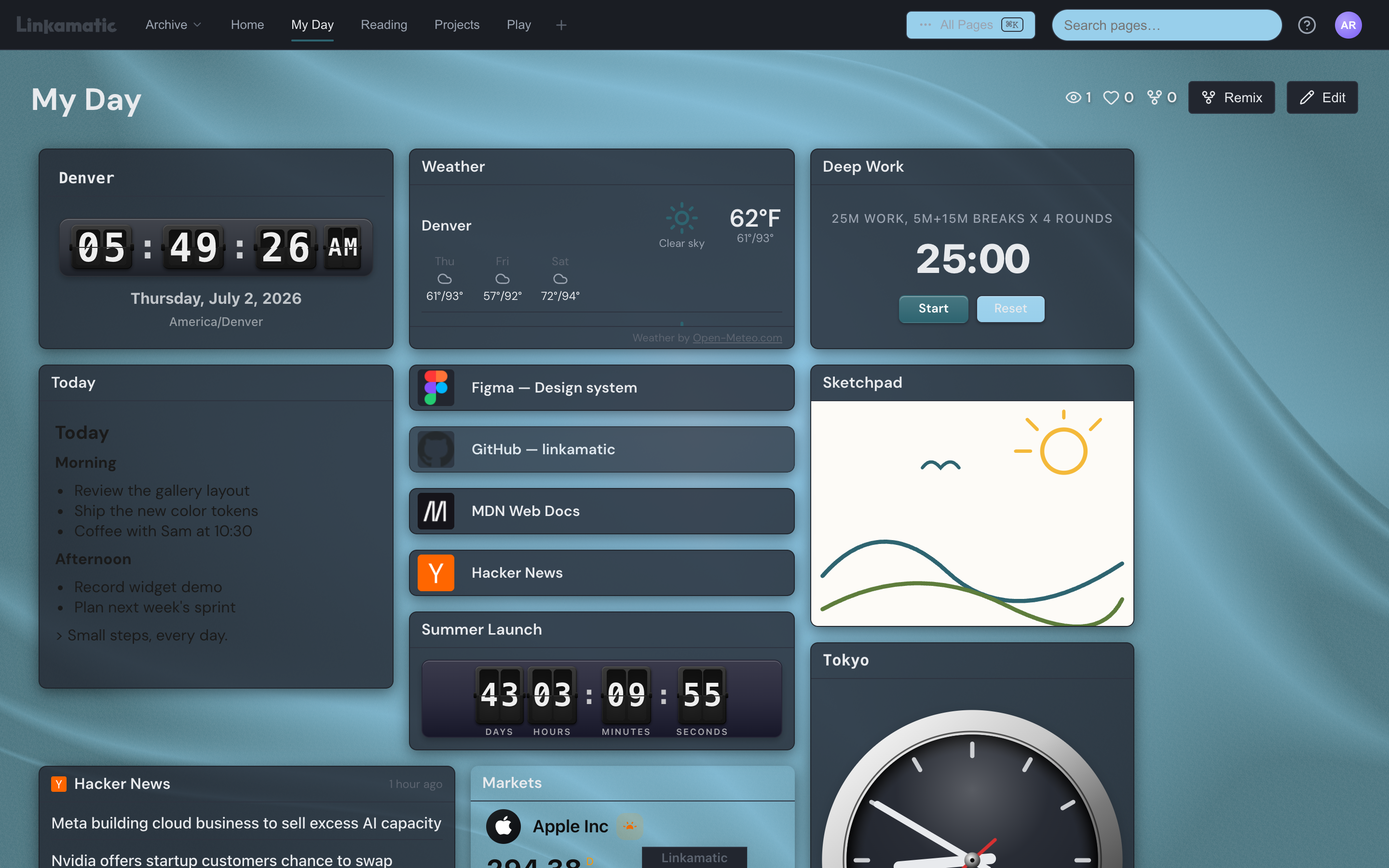 A fully set-up Linkamatic page shown in view mode, with the top bar across the top of the screen.