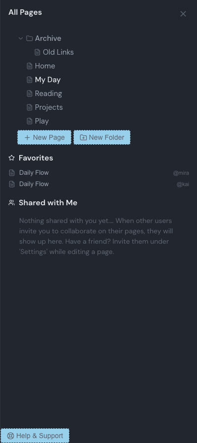 The All Pages drawer open on the right, listing the page and folder tree, Favorites, and Shared with Me.
