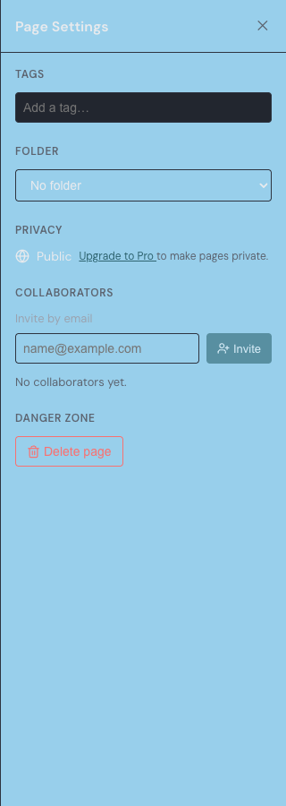 The page settings panel open in edit mode, showing Tags, Folder, Privacy, Collaborators, and a delete option.