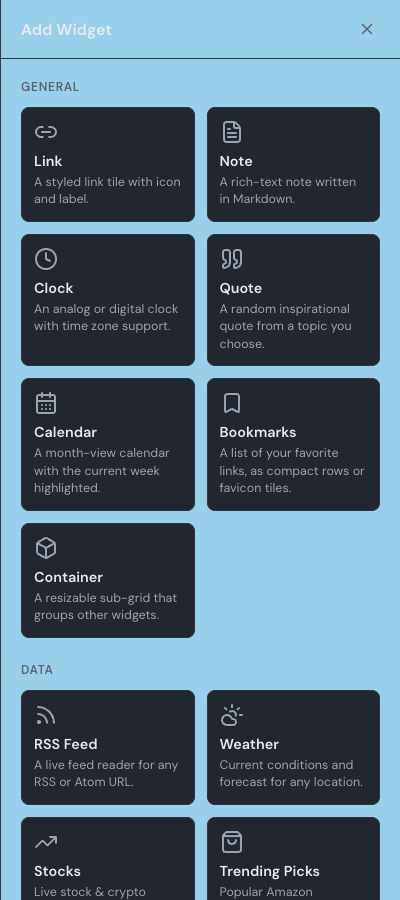 The Add Widget picker panel open on the right side of the page, listing widget types under category headings.