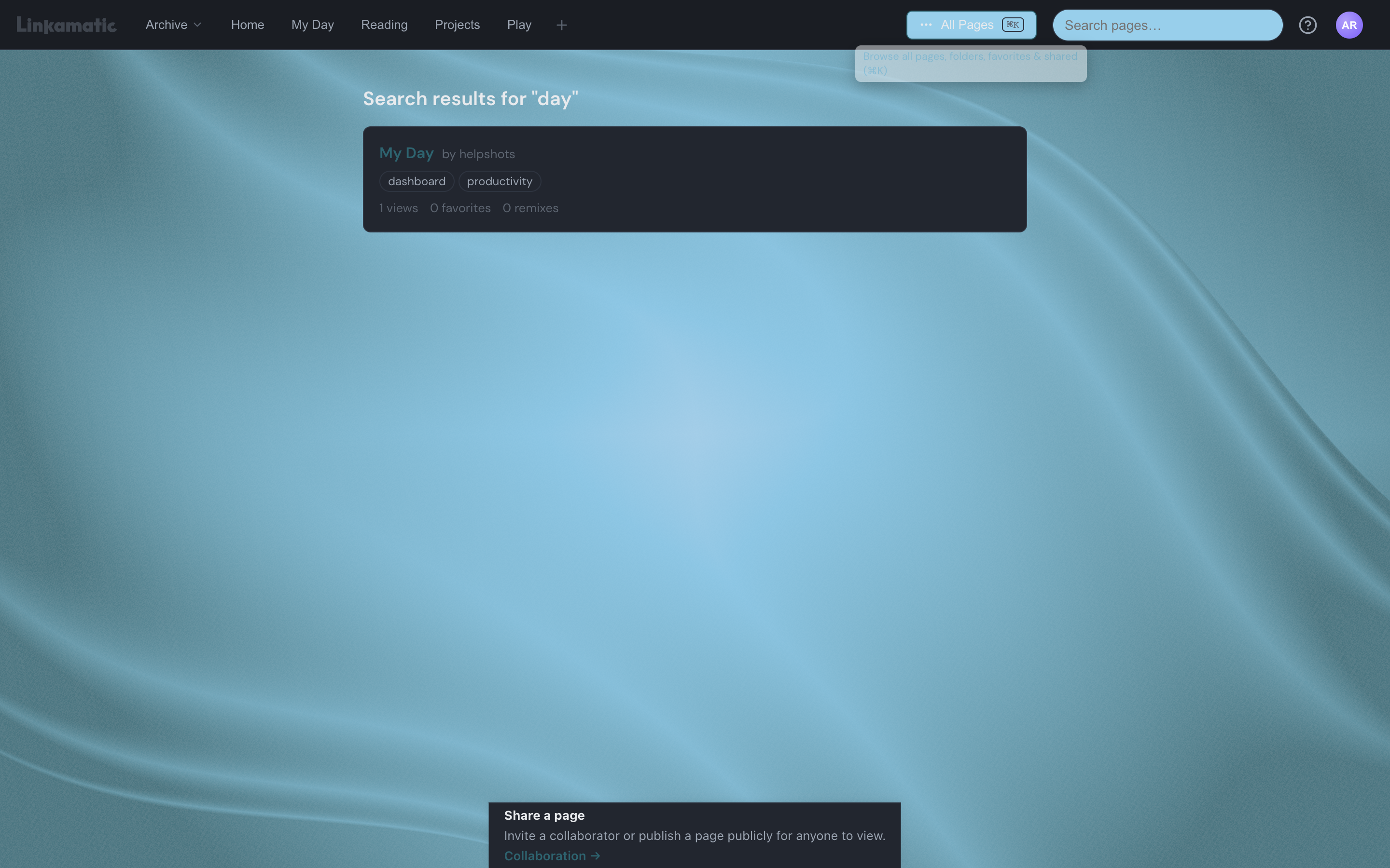 The full search results page listing matching pages as cards with tags and view, favorite, and remix counts.
