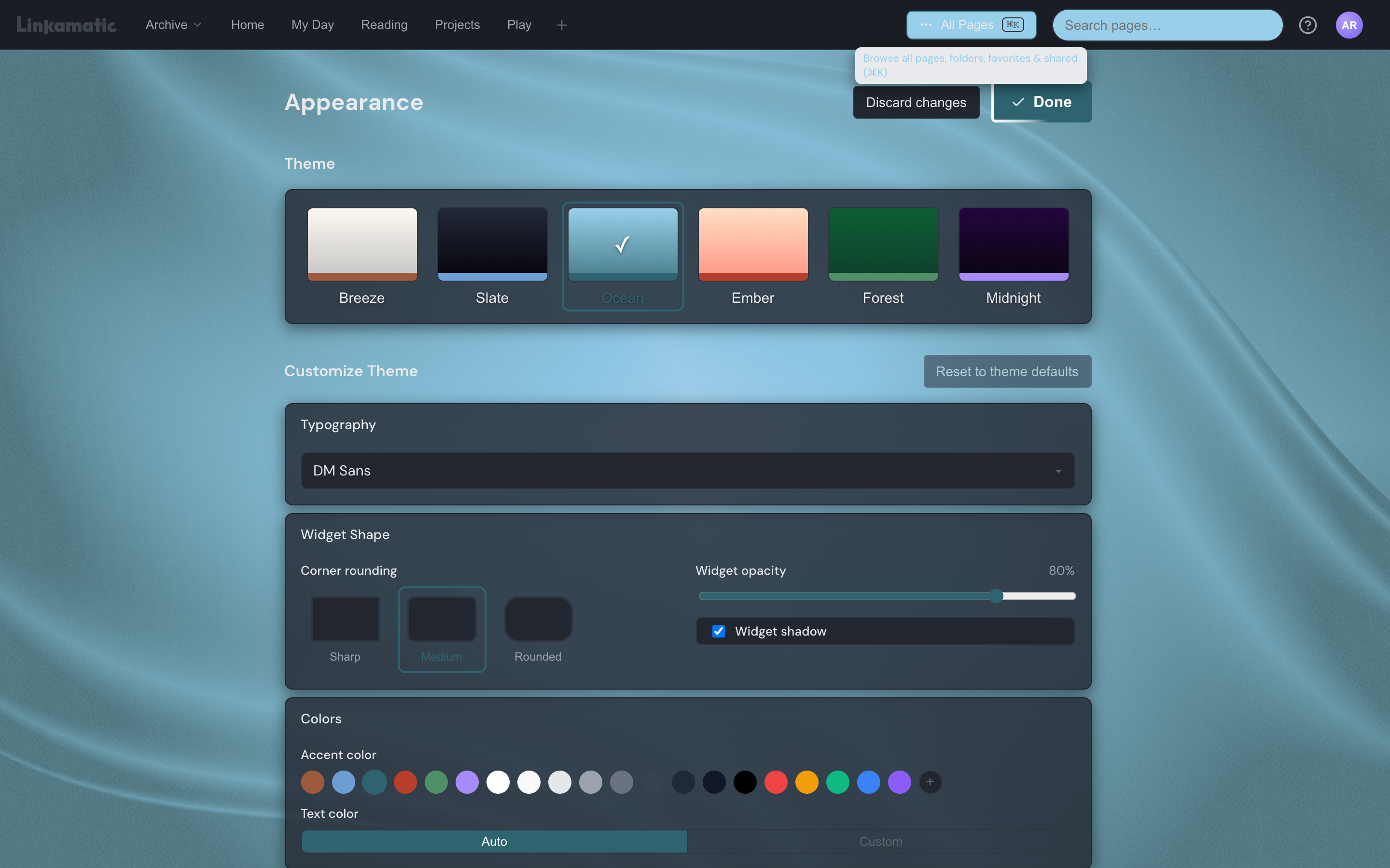 The Appearance settings page showing the row of theme options above the customization controls.