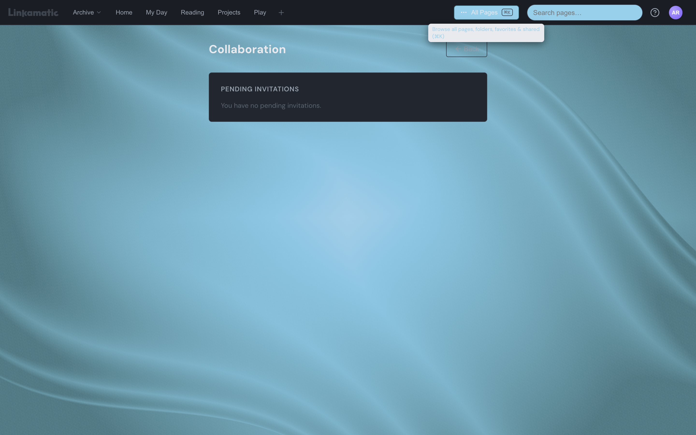 The Collaboration settings page listing a pending invitation with Accept and Decline buttons.
