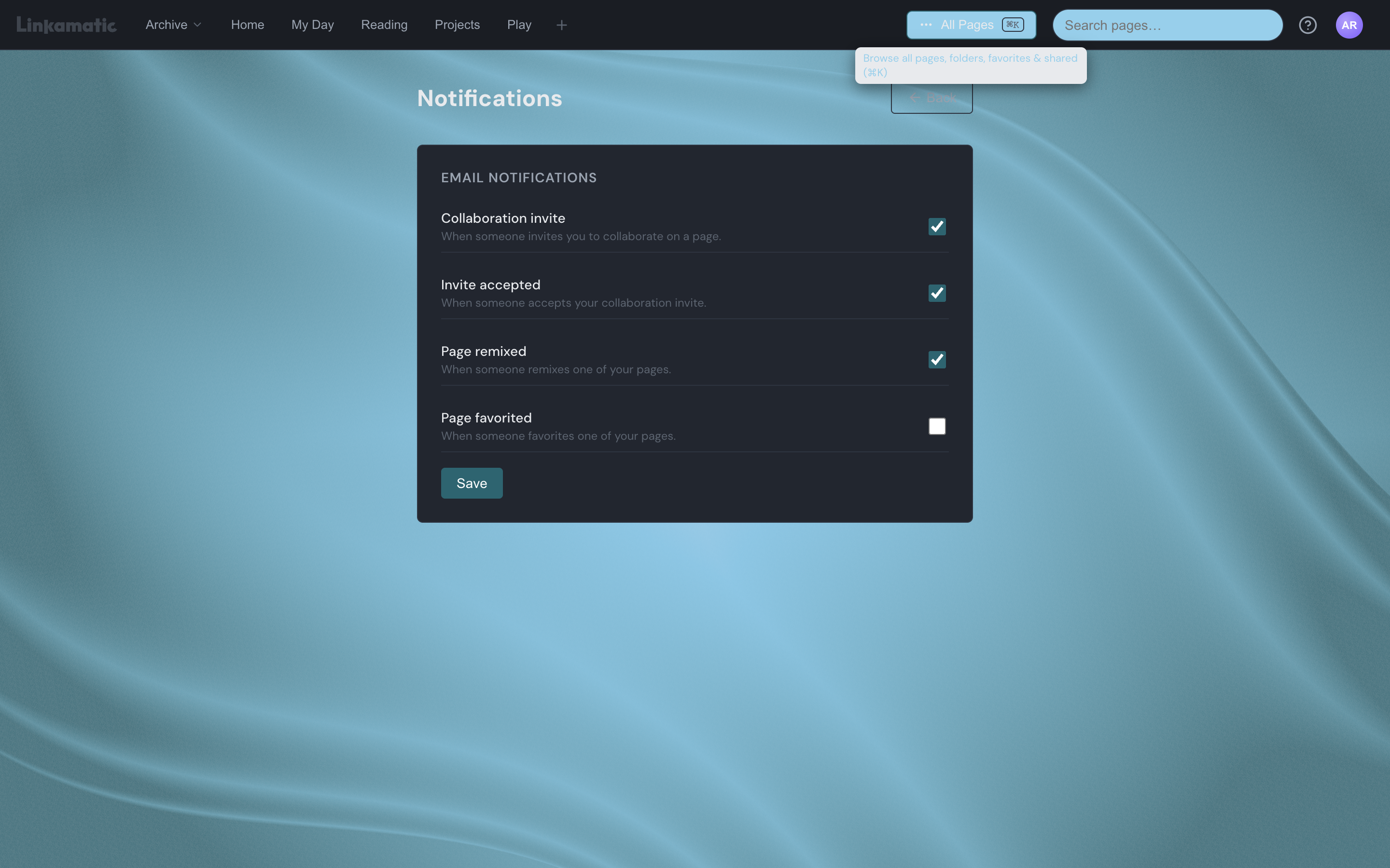 The notification settings page showing four email toggles — Collaboration invite, Invite accepted, Page remixed, and Page favorited — each with a checkbox and a one-line description, above a Save button.
