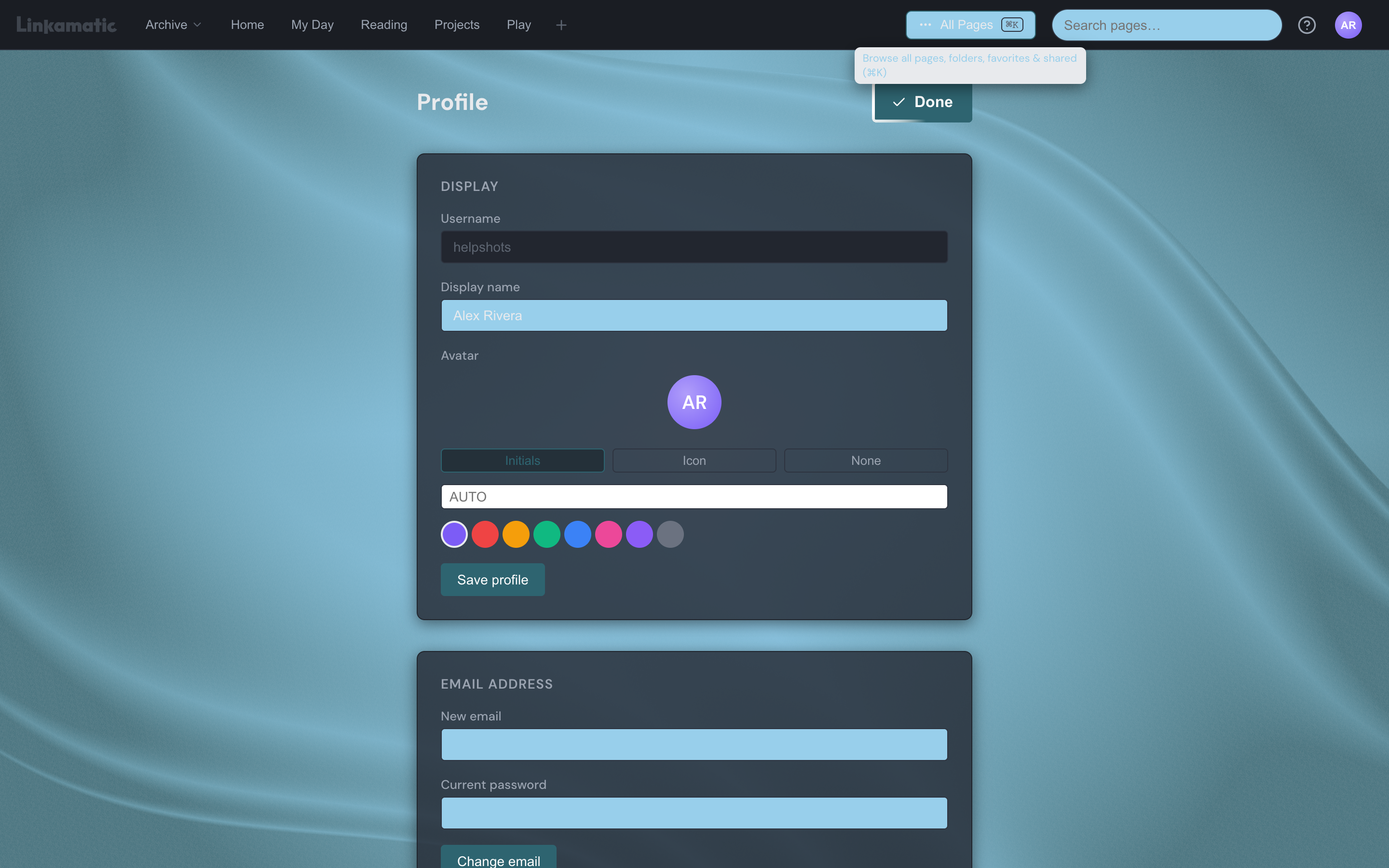 The profile settings page showing the read-only username, the display name field, and the avatar picker.
