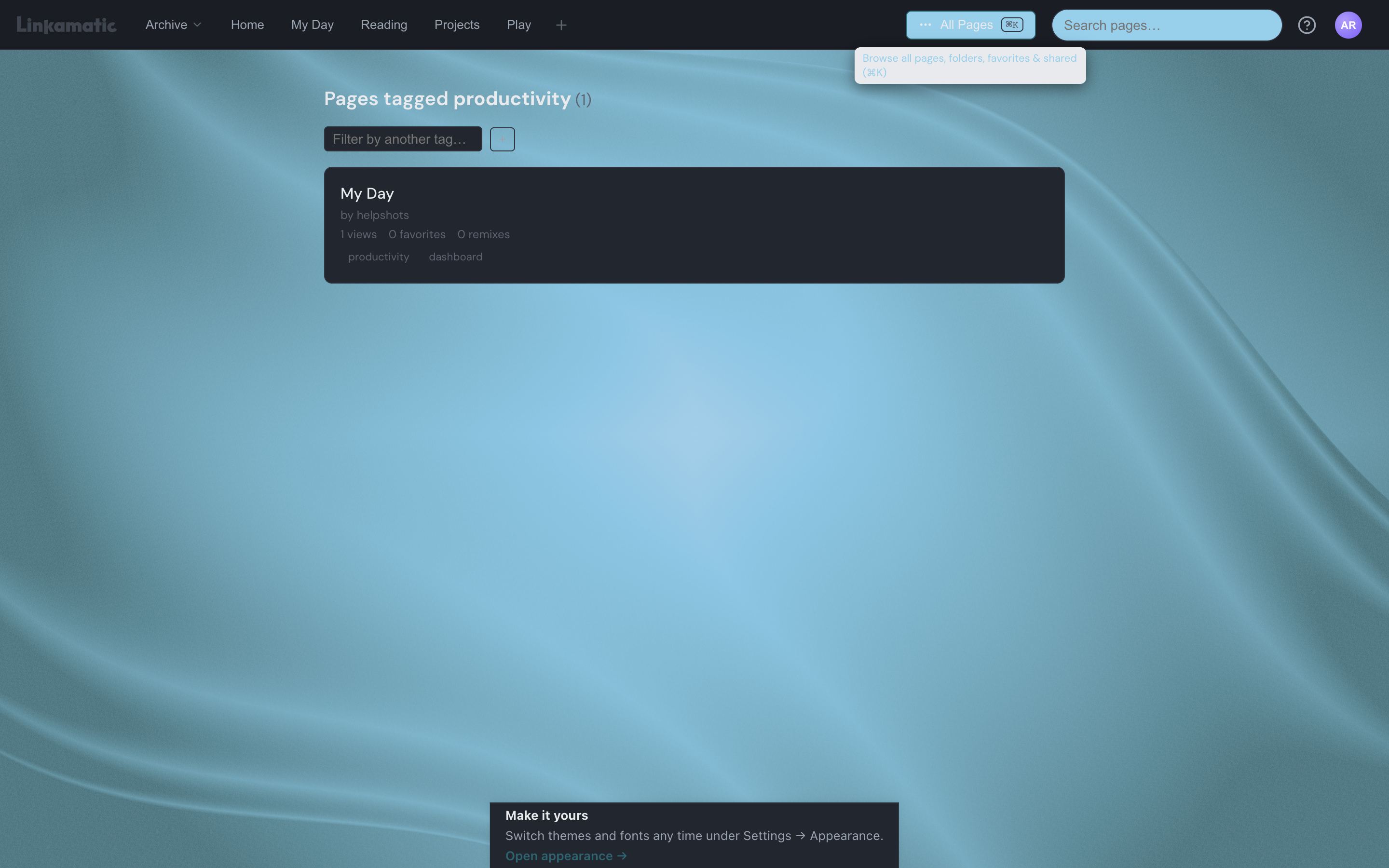 A tag results page listing public pages that share a tag, each showing its owner and its view, favorite, and remix counts.