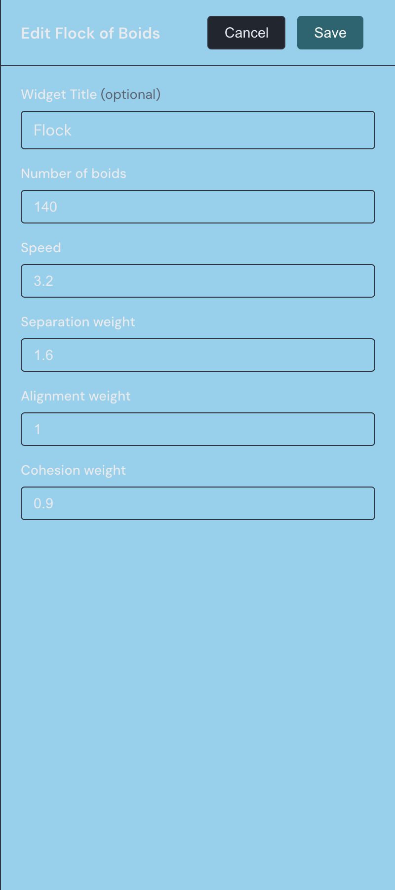 The Flock of Boids settings drawer with fields for number of boids, speed, and the separation, alignment, and cohesion weights.