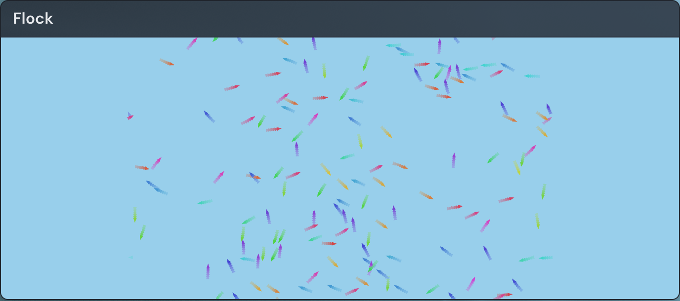 A Flock of Boids widget showing a swarm of small triangles in flight, each colored by its heading and leaving a soft trail.