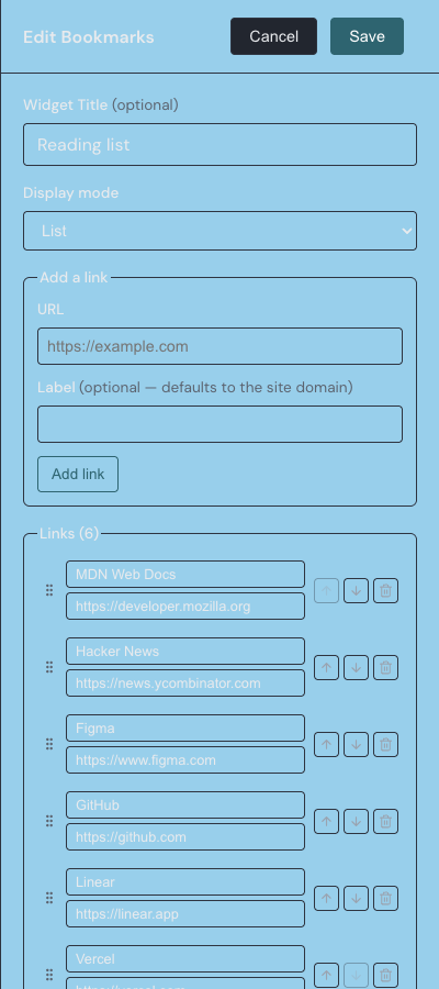 The Bookmarks widget settings drawer, with a display mode selector, an add-a-link form, and the list of saved links.