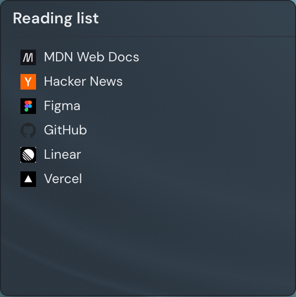 A Bookmarks widget showing a vertical list of links, each row with a small favicon and a text label.