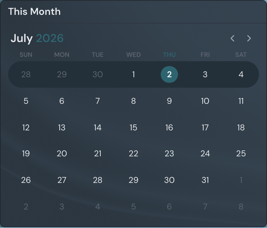 A Calendar widget showing the current month, with today circled in the accent color and its week highlighted as a row.