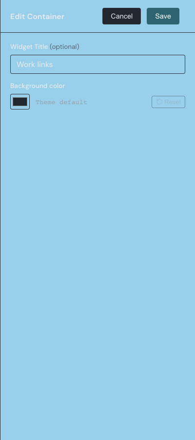 The Container widget settings drawer showing a Widget Title field and a Background color picker with a Reset button.