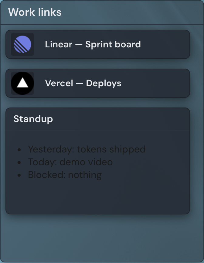 A Container widget titled Work holding several smaller widgets arranged in its own grid.