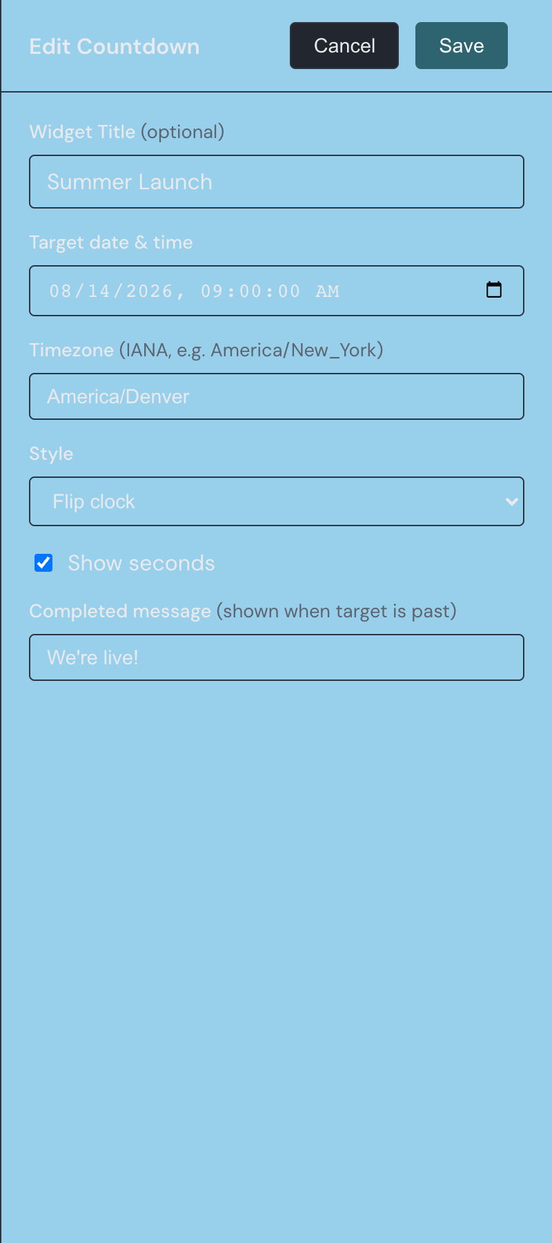The Countdown widget settings drawer with fields for the target date and time, timezone, style, show seconds, and completed message.
