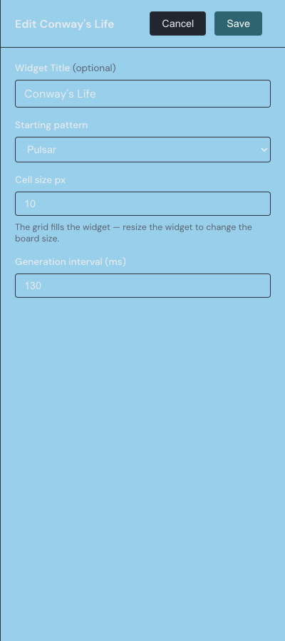 The Conway's Life settings drawer with starting pattern, cell size, and generation interval fields.