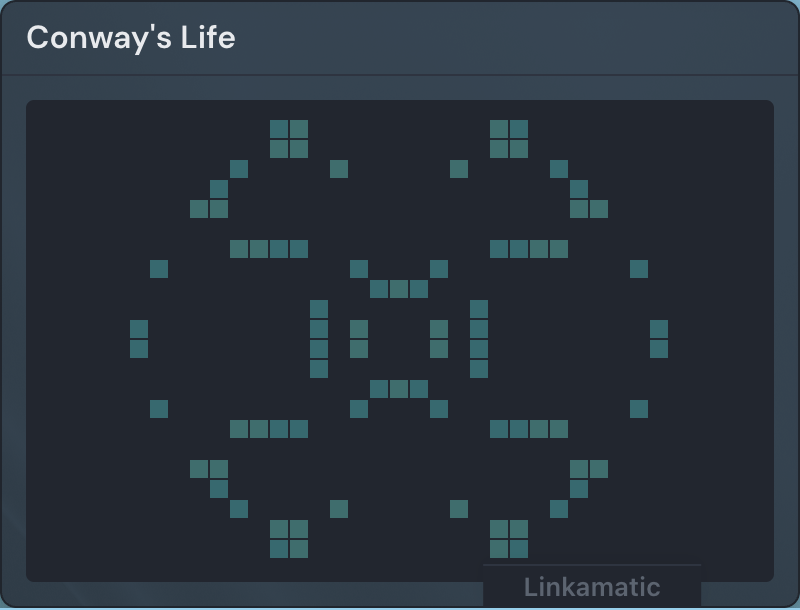 A Game of Life widget showing live cells scattered across a dark grid.