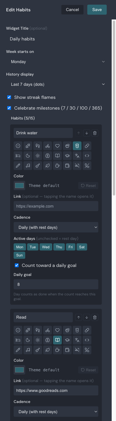 The Habits widget settings drawer, showing display options and a habit card with a name field, icon picker, color control, link field, cadence selector, and active-day buttons.
