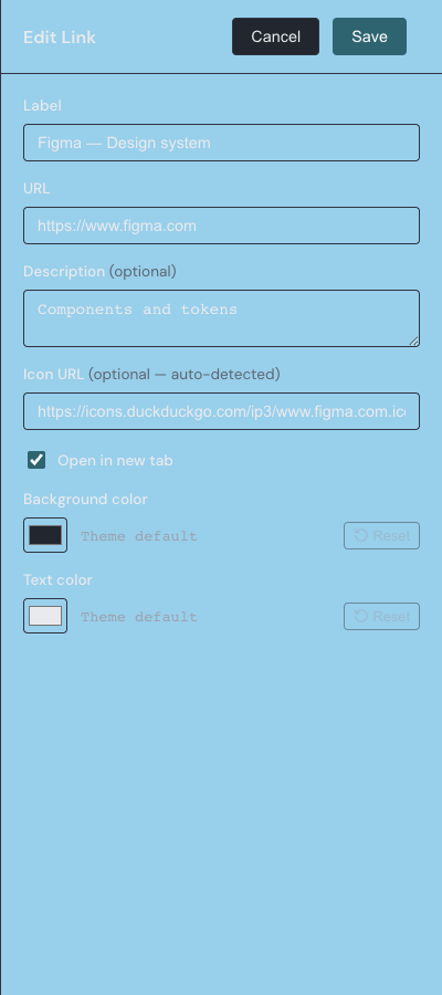 The Link widget settings drawer with fields for Label, URL, Description, and Icon URL, an Open in new tab checkbox, and background and text color pickers.