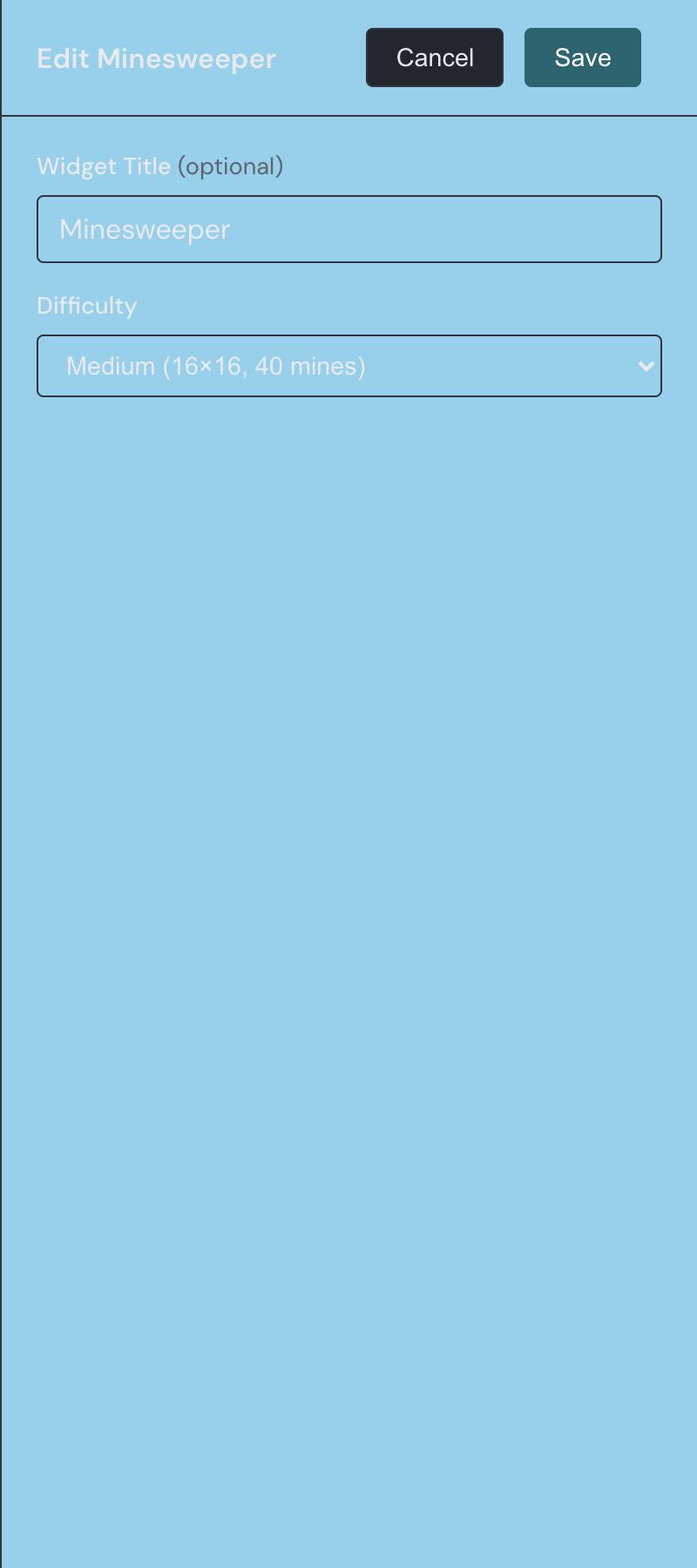 The Minesweeper widget settings drawer with the Difficulty dropdown and, below it, the custom Rows, Columns, and Mines fields.