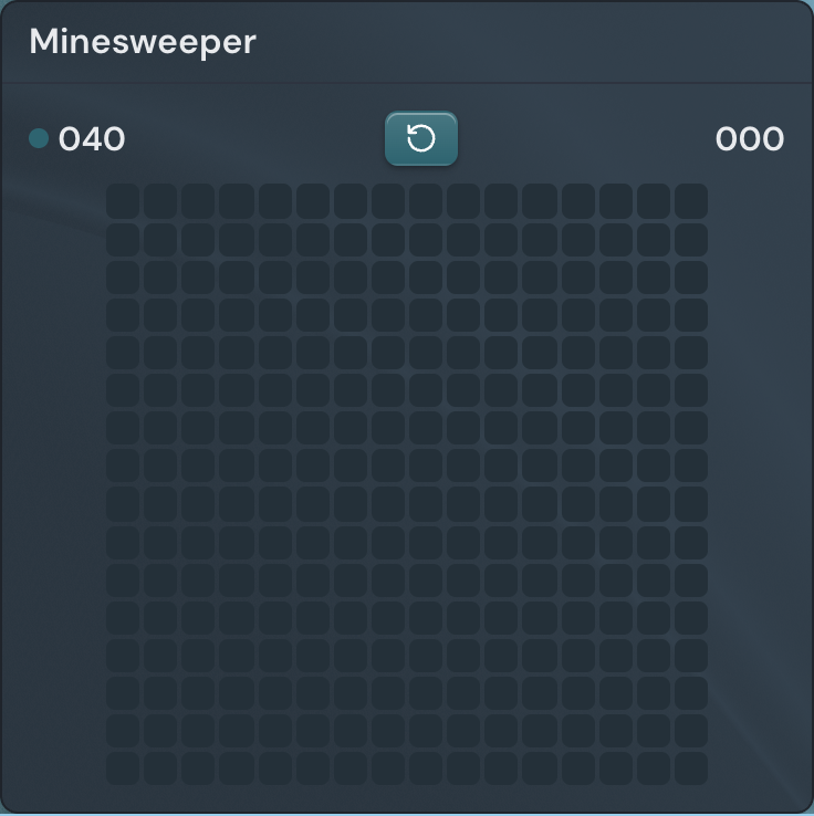 A Minesweeper widget mid-game, showing revealed cells with numbers, a couple of flagged cells, and the mine counter, restart button, and timer along the top.