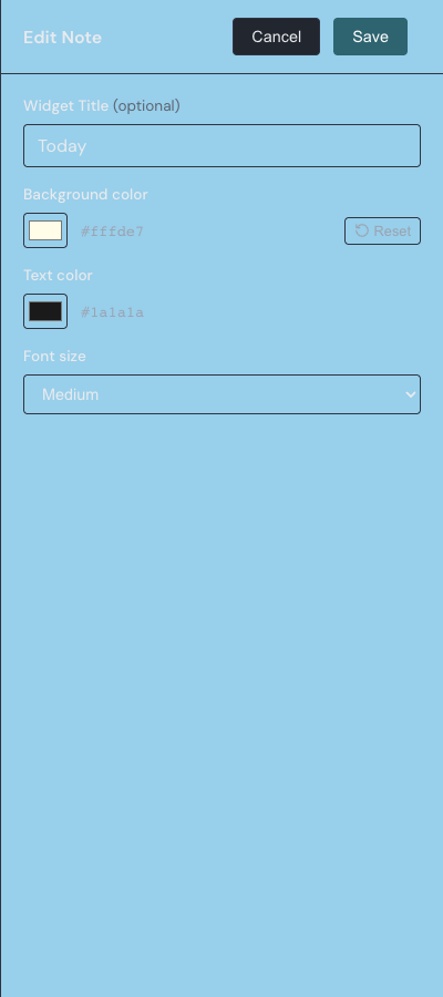 The Note widget settings drawer with title, background color, text color, and font size controls.