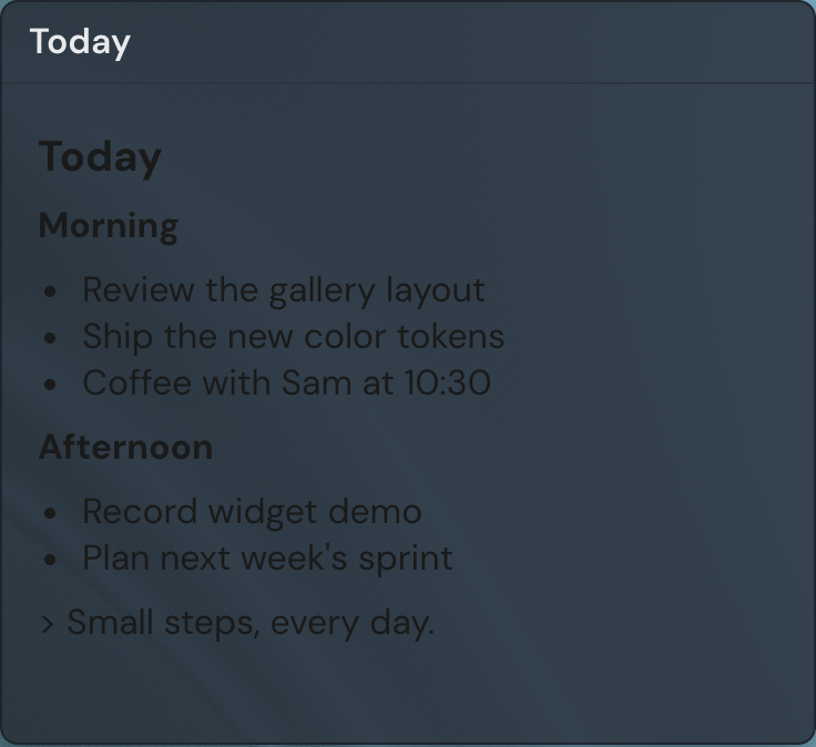 A Note widget showing a heading, a bulleted list, and a link rendered from Markdown.