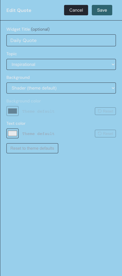 The Quote widget settings drawer with topic, background, background color, and text color controls.