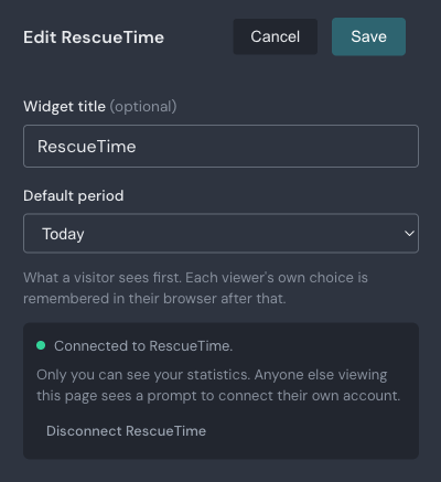 The RescueTime widget settings drawer showing the widget title field, the default period menu, the connection status, and the disconnect button.