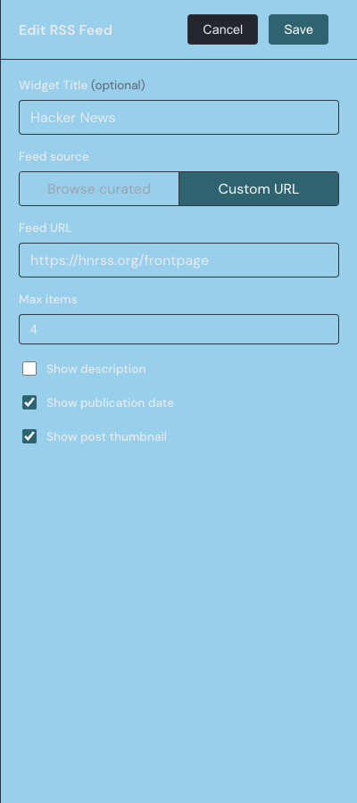 The RSS Feed widget settings drawer with feed source, feed URL, max items, and display toggles.