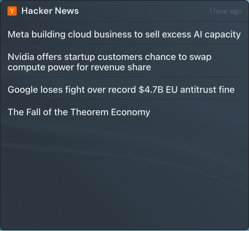 A rendered RSS Feed widget showing a feed title and a list of recent headlines.