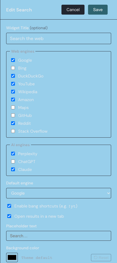The Search widget settings drawer with web and AI engine checkboxes, a default engine menu, toggles, a placeholder field, and color pickers.