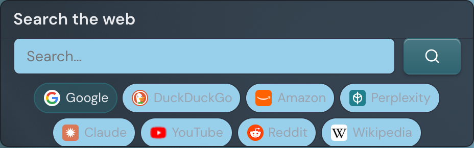A Search widget showing a query box, a search button, and a row of engine choices beneath it.