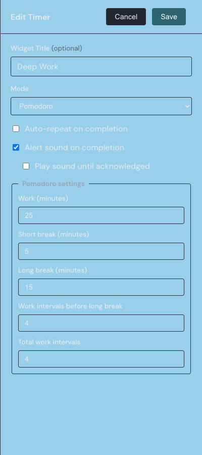 The Timer widget settings drawer with mode, duration, and alert options.