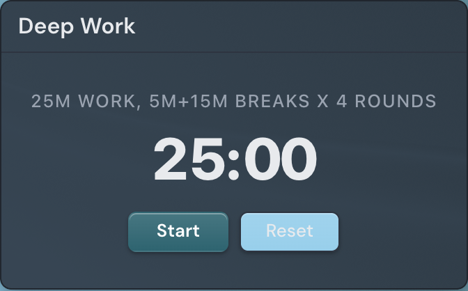 A Timer widget on a page showing a countdown with Start and Reset buttons.