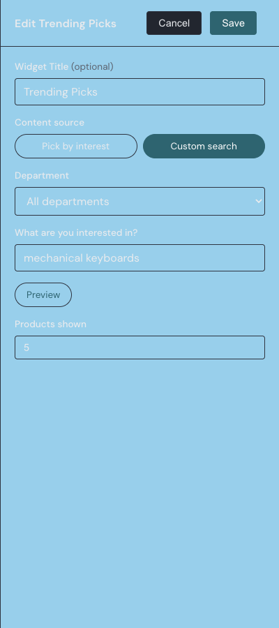 The Trending Picks settings drawer with the content source, custom department and keyword fields, a preview, and the products-shown control.