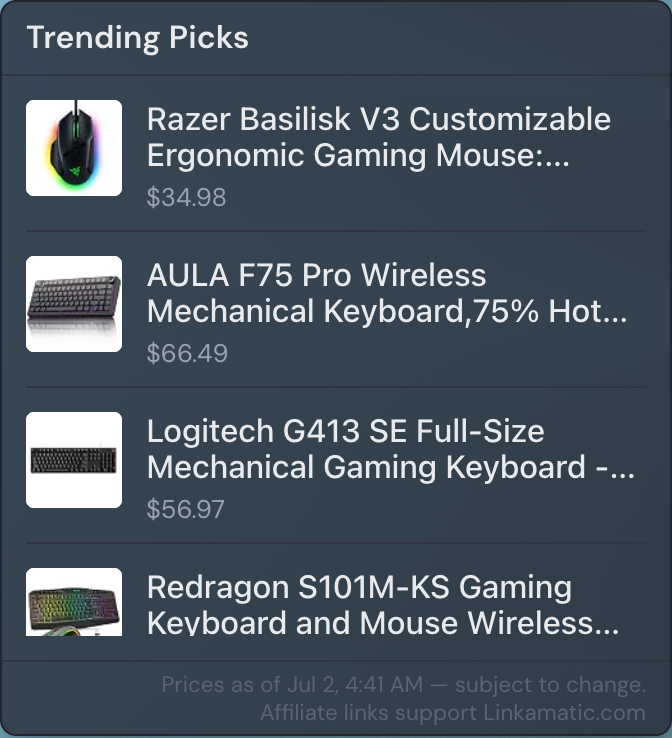 A Trending Picks widget showing a list of Amazon products, each with a thumbnail image, a linked title, and a price.