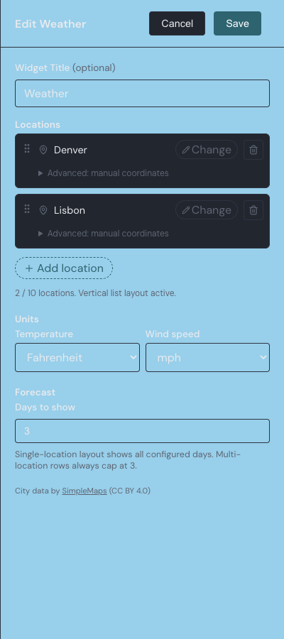 The Weather widget settings drawer with a city search, unit selectors, and a forecast-days field.