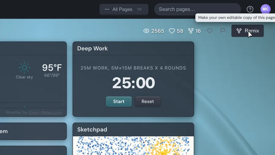 Page stats and the Remix button above a shared Linkamatic page